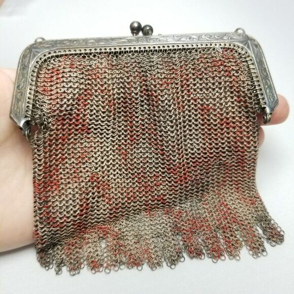 Antique Whiting and Davis Silver Tone Chain Link Mesh Metal Bag with Some Color - Picture 8 of 9